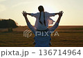 Dad daughter dream of flying together. Little daughter on father's shoulders play together in park, sun sky, silhouette. Family outdoor activity. Happy family. Dad, kid daughter walk in nature, sunset 136714964