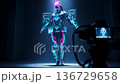 android model walking on illuminated runway, camera rig captures neon reflections and holographic displays, stylistic motion shot with studio lighting and cinematic framing 136729658