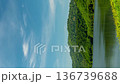 Timelapse vertical. A reservoir with lush green mountains and a blue sky. 136739688