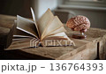 Anatomical brain model and open book placed on wooden desk in bright study room with indoor plant 136764393