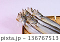 Spinning shishamo fish with roe on a colander 136767513
