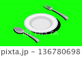 Isometric cutlery set animation with spoon, fork, and plate. Isometric cutlery. Isometric tableware. 4K video animated in isometric style 136780698