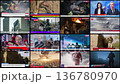 Screen Overwhelmed Contrasting Images, Faces of Anchors in Studios, Drones in Sky 136780970
