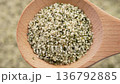 Organic hulled hemp seeds in wooden spoon. Natural nutritional supplement. Healthy culinary ingredients 136792885