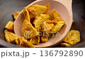 Dried organic mango slices in rustic kitchen dish with wooden spoon close up. Rotation 136792890