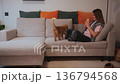 Cat plays with owner while she uses her phone on the sofa in a cozy living room 136794568