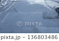Resident Shoveling Icy Sidewalk Path, Closeup Of Boot And Metal Shovel Scraping Compacted Snow And Ice 136803486