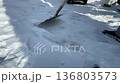 Shovel Clearing Fresh Powder Snow, Closeup Of Metal Blade Scraping Soft Crystalline Drifts, Pale Winter Light 136803573