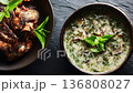 Delicious Stew and Grilled Meat Served With Fresh Basil Leaves. 136808027
