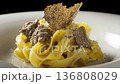 Gourmet Truffle Pasta Dish With Shaved Parmesan and Black Truffle Slices 136808029