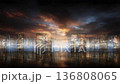 Futuristic Cityscape with Dramatic Sky and Water Reflections. 136808065