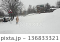 Slow motion of the outdoor winter scene. Snow falling, kids having fun sliding from the hill. Outdoors 136833321