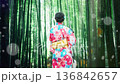 A woman in a kimono walking through a bamboo forest 136842657