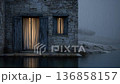 Lonely Stone House By Water During Rainy Foggy Evening Scene 136858157