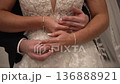 Close-up of bride and groom exchanging wedding rings during an emotional ceremony moment. Hands in focus as the couple places rings on each other s fingers, symbolizing love, commitment, and marriage 136888921
