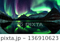 Majestic aurora borealis dances above frozen lake and snowy peaks in stunning 3D animation showcasing nature's wonders. Generative AI 136910623