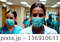 Doctors in a hospital corridor wearing health masks, focused on their responsibilities during a busy shift in a modern medical facility. Generative AI 136910633