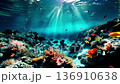 Exploring the vibrant underwater world filled with colorful fish and majestic corals against dazzling rays of sunlight. Generative AI 136910638