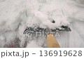 Shovel Pushing Powder Into Pile. Overhead View Of Shovel Pushing Snow On Driveway During Winter 136919628