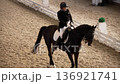 Female rider riding a horse in indoor arena during daytime training 136921741