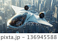 Futuristic vehicle soars above a vibrant city skyline during sunset with bright lights illuminating the surroundings 136945588