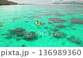 Joyful woman kayaking in clear turquoise waters near a tropical island paradise, enjoying an active lifestyle on a summer vacation in french polynesia 136989360