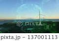 Aerial Wind Turbine With Digital Overlay Holographic Globe And Energy Icons Hover Above Coastal Landscape 137001113