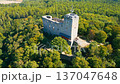 Explore the stunning aerial views of Radyne Castle amidst lush green forests near Plzen. Enjoy scenes of medieval architecture surrounded by beautiful countryside. 137047648