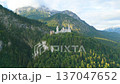 View the stunning Neuschwanstein Castle perched on a mountain amidst lush greenery. Experience the peaceful morning light revealing the castle's enchanting architecture in Bavaria, Germany. 137047652