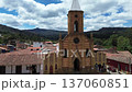 Drone shot of colonial church in the central square of Raquira 137060851