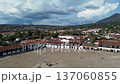 Main square of Villa de Leyva Colombia, Aerial view of colonial town plaza, Historic cobblestone park in Villa de Leyva 137060855