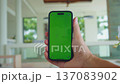 Green screen smartphone held in hand in bright modern interior. Green screen phone display allows mockup, app presentation, UI design, advertising content, mobile screen replacement for marketing use 137083902