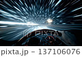 Fast car driving through a tunnel of light, creating a hyperdrive effect. Futuristic journey concept. 137106076
