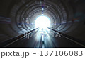 Abstract motion through a futuristic tunnel with bright light at the end, symbolizing progress and technology. 137106083