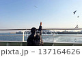 A Child Feeding Seagulls from the Deck of a Sailing Ferry 137164626