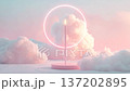 A candle stands on a round base, surrounded by fluffy clouds in soft pastel colors. The candle's flame flickers gently as the clouds drift by in a dreamlike setting 137202895
