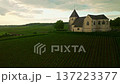 Aerial view of charming little church in a small village in France surrounded by vineyards 137223377