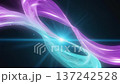 Turquoise and violet light waves swirl gracefully across a black background. The fluid movement and subtle glow give the scene a calm digital rhythm. 137242528