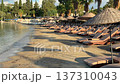 Rows of empty wooden sun loungers with straw umbrellas line a peaceful, sandy beach at a luxury seaside resort. Calm turquoise water and lush green hills under a bright morning sky. High quality 4k 137310043