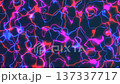 Bright colors shift and twist in a digital pattern. Lines of blue and pink create a dynamic design. Movement is fluid and changes continuously on a dark surface. 137337717