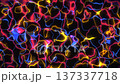 Bright colors twist and turn in flowing shapes against a black backdrop. The movements create an energetic pattern with blue yellow red and other colors merging together. 137337718