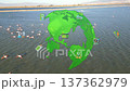 Green Globe Above Coastal Lagoon With Flamingos In Flight, Renewable Icons Scattered Across Shallow Water, 137362979