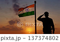 Soldier Saluting Waving India Flag Sunset Camera Pull Back 137374802