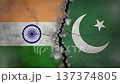 India and Pakistan Flags Splitting Concrete Wall Top Down 137374805