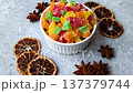 Candied fruit in colorful cubes as an ingredient for baked goods and sweets. Candied fruit 137379744