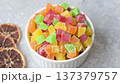 Candied fruit in colorful cubes as an ingredient for baked goods and sweets. Candied fruit 137379757