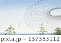 Hundreds of small dark birds form a moving pattern in the sky. They fly together in tight formations as they migrate to new locations during their journey. This shows the beauty of migration. 137383112