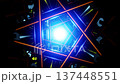 Pentagonal neon tunnel VJ loop with rotating chrome tubes and kaleidoscope glow 137448551