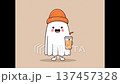 Cute ghost character in orange beanie holding a drink, showcasing playful Halloween spirit 137457328