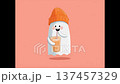 Playful ghost character enjoying autumn drink in cozy orange beanie with cheerful expression 137457329